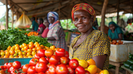 Smiling African woman selling fresh tomatoes and vegetables at an outdoor market, showcasing local agriculture and commerce.