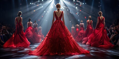 A model wearing a finished red ball gown on the catwalk