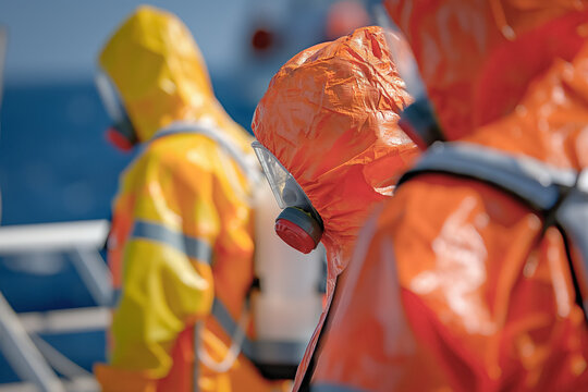 Specialized cleanup crews in hazmat suits working to contain and clean up a chemical spill, using equipment and barriers to prevent further contamination