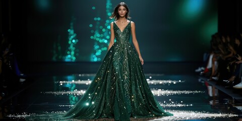 A model wearing a finished green ball gown on the catwalk