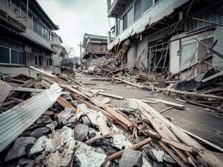 Buildings and structures collapsed or severely damaged after a powerful earthquake, with debris and rubble spread across the area, showcasing the devastating impact