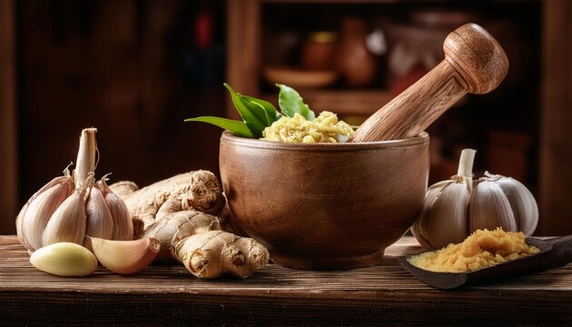 Depict a vibrant, colorful still life composition of ginger roots, garlic bulbs, and a small bowl of ginger garlic paste. left side 40% space for text.