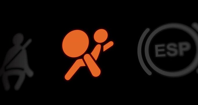 Airbag off warning light of car dashboard, blinking air bag indicator, close-up, footage