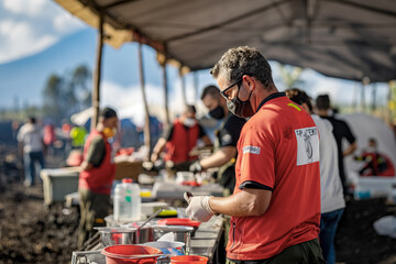 Emergency responders and volunteers coordinating relief efforts, distributing supplies, setting up medical tents, and providing services to those affected by the volcanic eruption