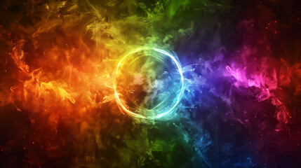 Obraz premium Rainbow colorful background with abstract multicolored splashes. Glowing clouds in black cosmos sky. Art illustration with laser light circle in the middle of presentation concept