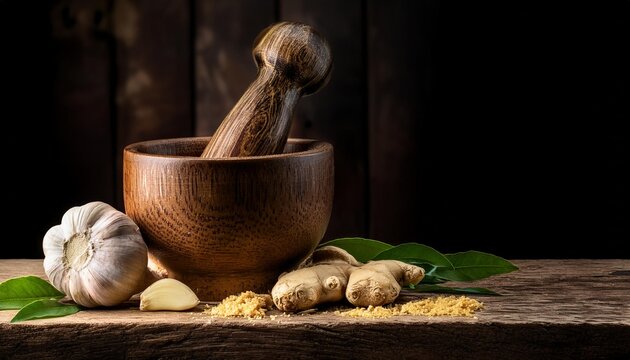 showing the process of making ginger garlic paste in a rustic kitchen setting, with a mortar and pestle in use.