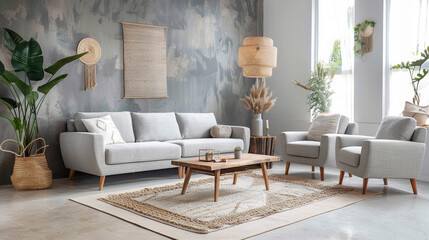 Modern Living Room Interior Design Featuring Gray Sofa and Natural Decor Elements