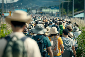 People evacuating coastal areas following a tsunami warning, moving to higher ground, carrying essentials, and helping each other, capturing the urgency and fear
