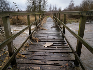 Obraz premium A bridge or road damaged and partially collapsed due to heavy flooding, with debris scattered around, and fast-flowing water