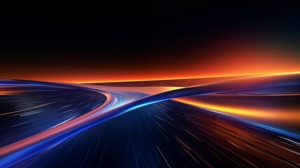 Dynamic and Colorful Abstract Road Background with Dark Blue and orange Neon Lights, Futuristic Minimalism, and Smooth Curved Lines in 8K UHD, Featuring Luminous Skies and Energy-Filled Illustrations