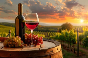 Sunset wine scene with bottle and glass on barrel. Calm setting with grapes and fields in background. Perfect for relaxation themes. Vibrant, inviting style. Generative AI