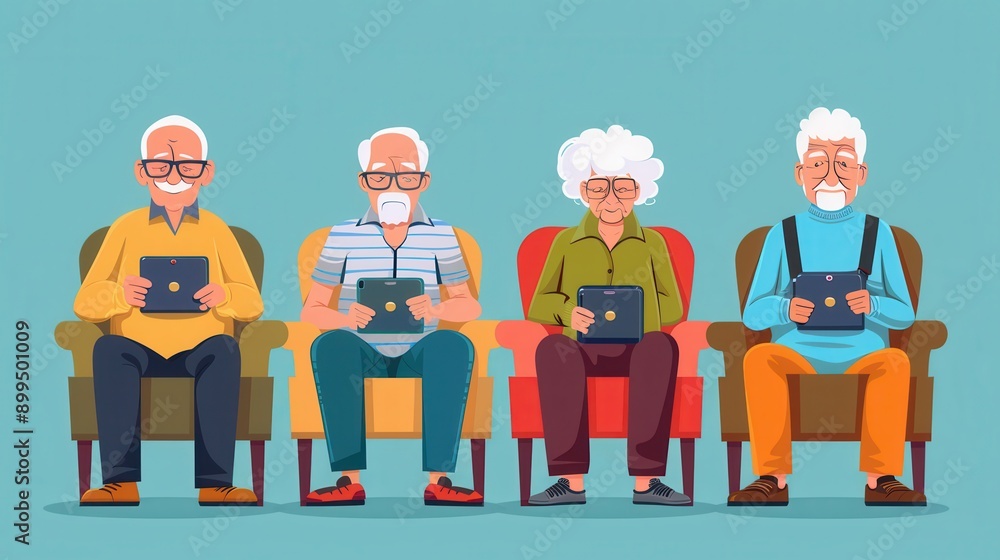 Aufkleber Four elderly individuals sit in comfortable chairs, actively using tablets while enjoying each other's company in a cheerful environment. Generative AI