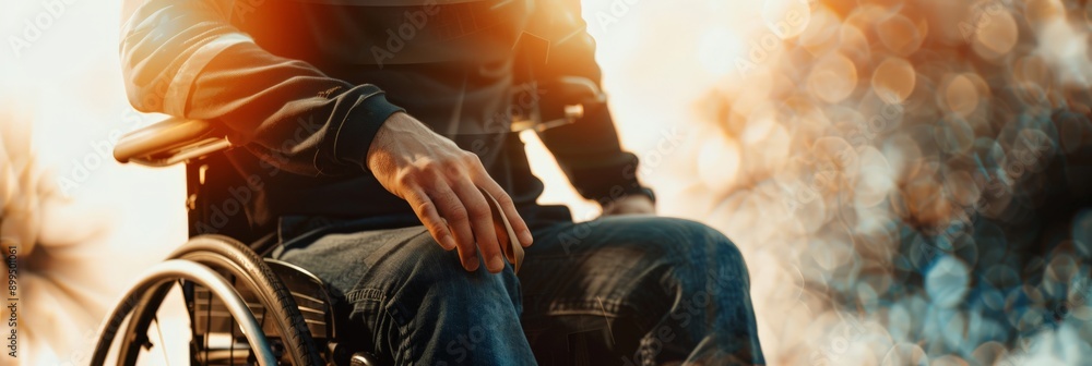 Poster Close-up of a person in a wheelchair with a vibrant bokeh background. Accessibility and independence.
