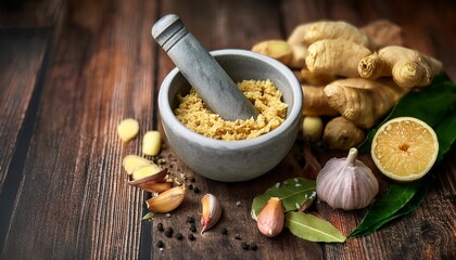 Fototapeta premium showing the process of making ginger garlic paste in a rustic kitchen setting, with a mortar and pestle in use.