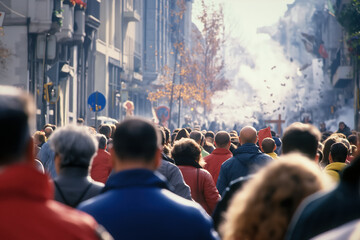 Groups of people evacuating buildings during an earthquake, moving quickly and helping each other, capturing the urgency and fear of the moment