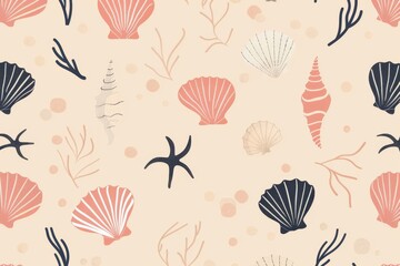 Hand drawn vector illustrations - seamless pattern of seashells. Marine background.. Beautiful simple AI generated image in 4K, unique.