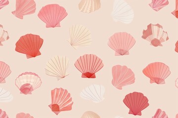 A seamless pattern with colorful seashells, their intricate designs rendered in soft pastel hues against an off-white background. Beautiful simple AI generated image in 4K, unique.
