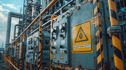 Close-up of an industrial control panel with a yellow warning sign, surrounded by pipes and machinery in a factory setting.