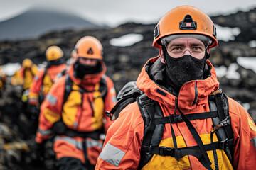 Obraz premium Rescue teams navigating through ash-covered areas to search for and assist people affected by the volcanic eruption, equipped with respirators and protective gear, reflecting their dedication