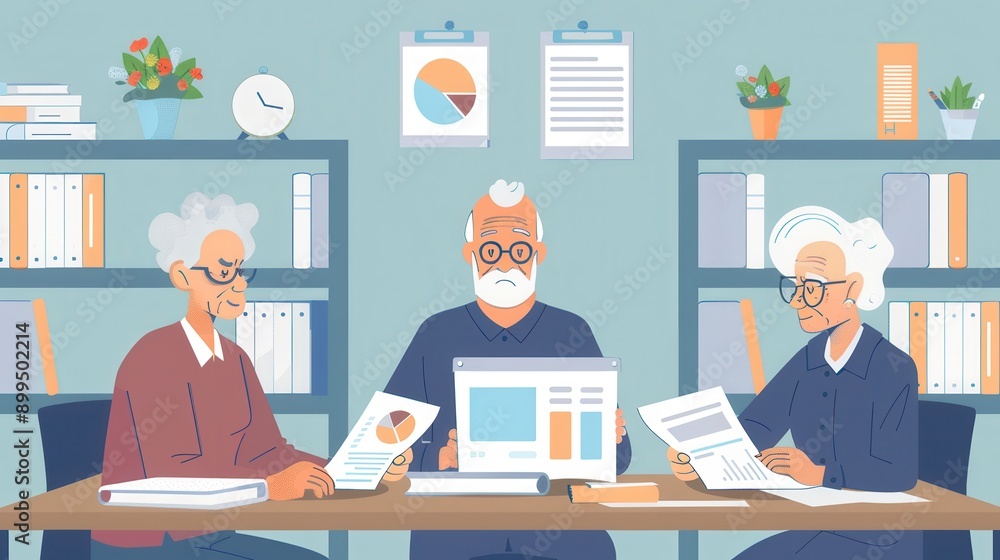 Aufkleber three elderly individuals collaborate at a table, reviewing documents and sharing insights in a brig