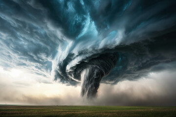 The dramatic formation of a tornado in the distance over open fields, with the rotating funnel visible against a backdrop of dark, stormy clouds