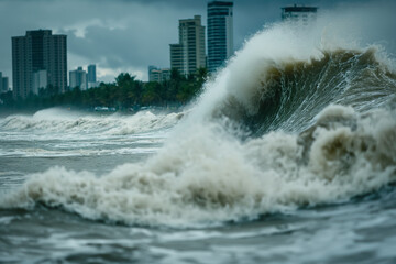 Obraz premium Tsunami wave approaching the shore: A massive tsunami wave rapidly approaching the shoreline, towering over the coastal buildings and trees, demonstrating the sheer power and imminent danger