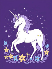 Fototapeta premium Purple unicorn among stars and flowers