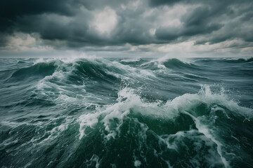 Towering, violent waves crashing against each other under a dark and stormy sky, showcasing the raw power and fury of the ocean during a sea storm