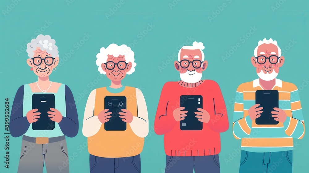 Poster four elderly individuals are happily using tablets, showcasing their engagement with technology in a