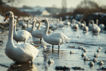 Fototapeta premium Wildlife affected by chemical pollution: Animals and birds in a polluted environment, showing visible signs of distress or injury due to chemical exposure, with a visibly contaminated habitat