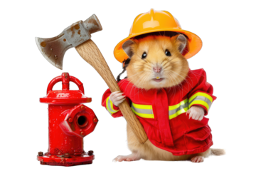 Adorable hamster dressed as firefighter with axe, standing next to fire hydrant on white background.