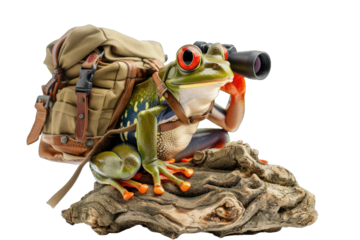 Adventurous frog with backpack and binoculars perched on rock, ready for expedition. Perfect for wildlife, nature, and travel themes.