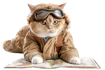 Cute cat dressed as an aviator with goggles and jacket, lying on a map, ready for an adventure or journey. Adorable and funny concept.