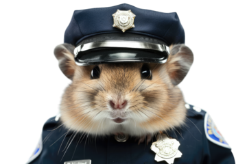 Cute hamster dressed in a detailed police officer uniform, complete with hat and badge, looking directly at the camera.