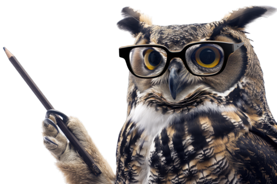 An intelligent-looking owl wearing glasses and holding a pencil, symbolizing wisdom, education, and knowledge in a creative way.
