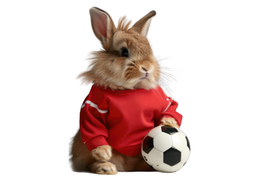 Cute bunny in a red jersey holding a soccer ball, ready for action. Perfect for sports-themed and animal-related projects.
