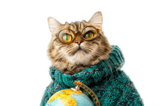 Cute cat wearing glasses and a sweater, holding a small globe. Perfect for travel and education-related themes in a fun, quirky way.