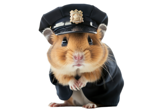 Cute hamster dressed as a police officer, wearing a uniform with a hat, standing on its hind legs isolated on a white background.