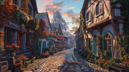 Fototapeta premium Charming village with brightly painted cottages and cobblestone streets