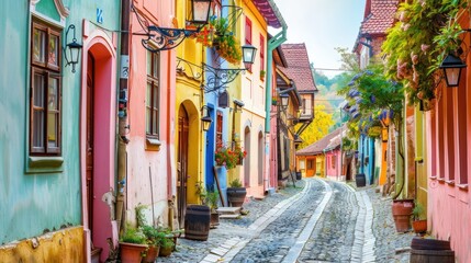 Fototapeta premium Charming village with brightly painted cottages and cobblestone streets