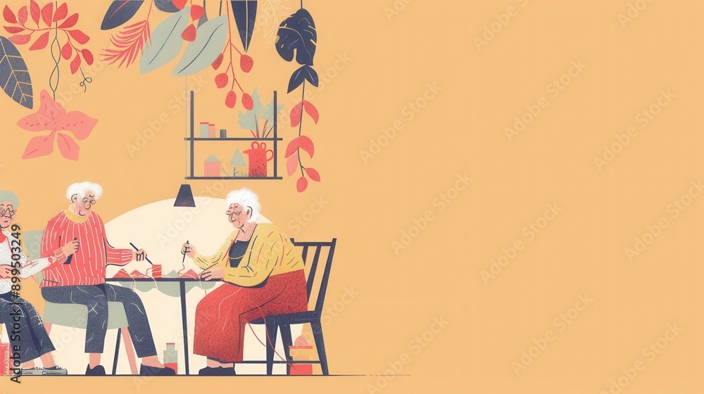 Poster elderly women gather to learn knitting and sewing in a warm, inviting space, sharing skills and enjo
