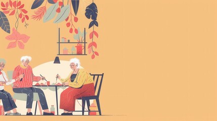 Elderly women gather to learn knitting and sewing in a warm, inviting space, sharing skills and enjoying each other's company. Generative AI