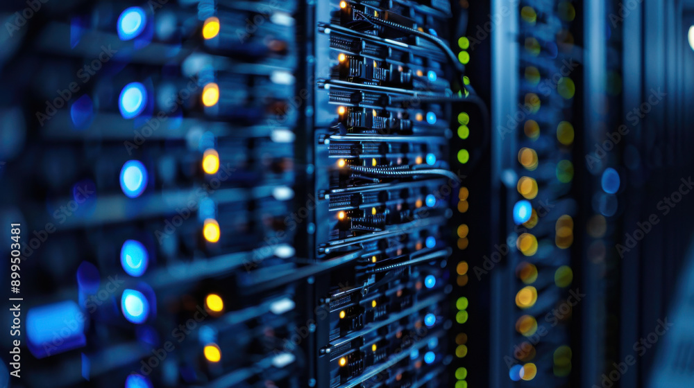 Poster close-up of a server rack with colorful led lights indicating activity, highlighting modern data cen