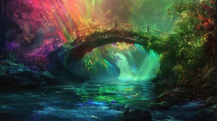 Fototapeta premium Enchanted bridge over a sparkling, rainbow-colored river in a mystical land