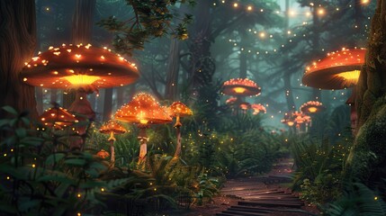 Enchanted forest with vibrant, glowing mushrooms and twinkling fairy lights