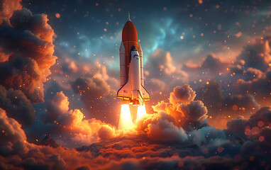 Obraz premium Rocket Ship with Clouds and Stars: Business Launch and Ascent Concept