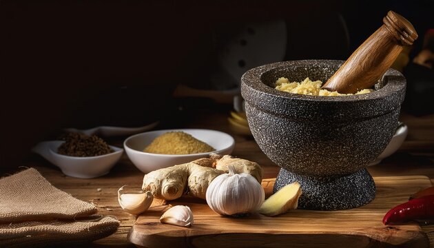 showing the process of making ginger garlic paste in a rustic kitchen setting, with a mortar and pestle in use.