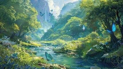 Lush, green valley with a crystal-clear stream and iridescent butterflies