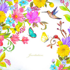 Obraz premium watercolor invitation card with blooming frame of colorful flowers. vivid floral arrangement, butterflies, ladybug and hummingbird