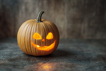 This spooky miniature jack-o'-lantern, illuminated from within, casts an eerie glow on a dark, textured background, perfect for Halloween decorations, invitations, and spooky design projects.
